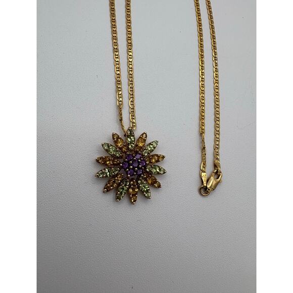 Vintage 14K Gold Chain w/ Amethyst Peridot Citrine Flower 10K Pendant Necklace - Picture 2 of 5